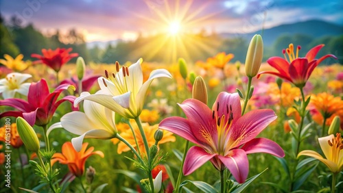 lily flowers blooming in colorful wild flower field with natural sunlight background scene silhouette