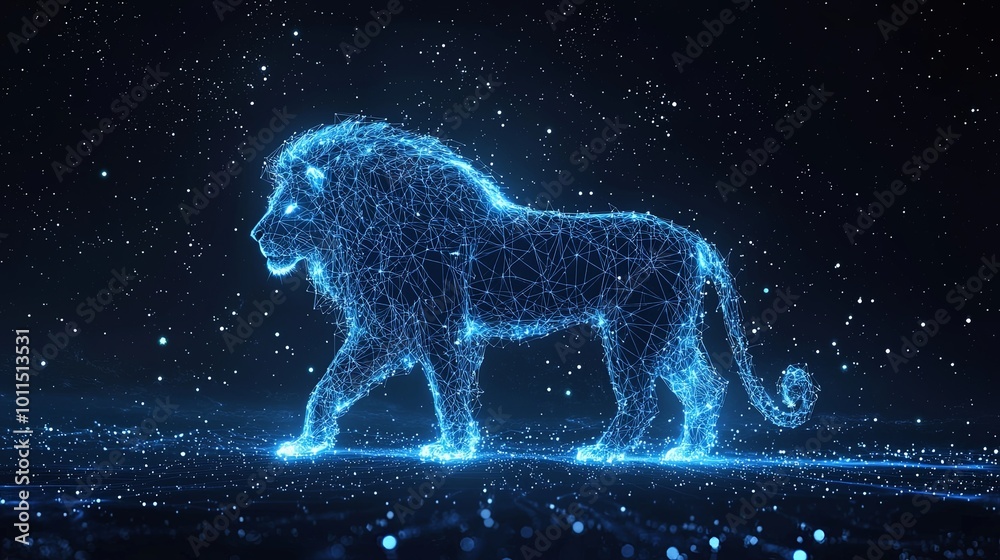 A dynamic digital lion walking amidst a blue network of lines in a cosmic landscape, embodying power, elegance, and advanced digital technology. A dynamic digital lion walking amidst a blue network of lines in a cosmic landscape, embodying power, elegance, and advanced digital technology.