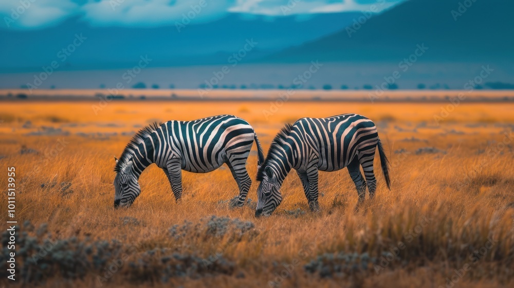 Fototapeta premium zebras grazing in the African savannah
