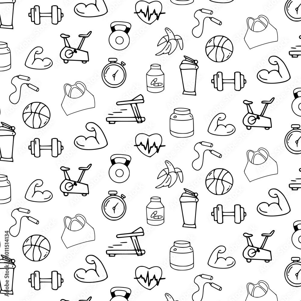 hand drawn set of gym fitness doodles vector background seamless pattern illustration hand drawn set of gym fitness doodles vector background seamless pattern illustration
