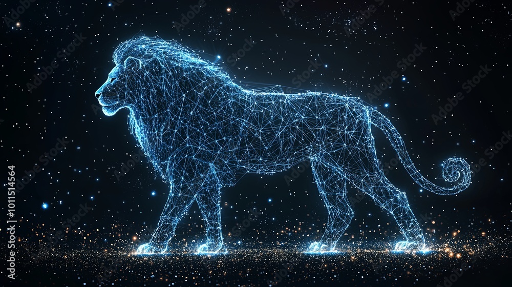 A dynamic silhouette of a lion featuring a digital blue wireframe design, illuminated against a starry cosmic background, symbolizing courage and nobility. A dynamic silhouette of a lion featuring a digital blue wireframe design, illuminated against a starry cosmic background, symbolizing courage and nobility.