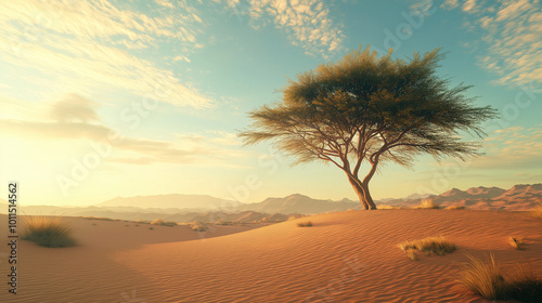 A single tree stands firm in the vast desert.