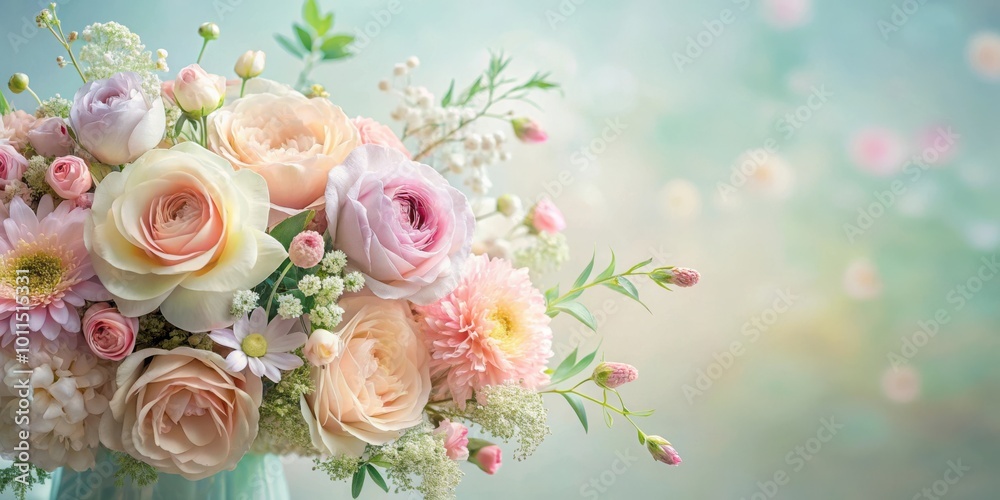 A bouquet of soft pink and white roses, delicate white flowers, and pink buds, set against a blurred green and white background