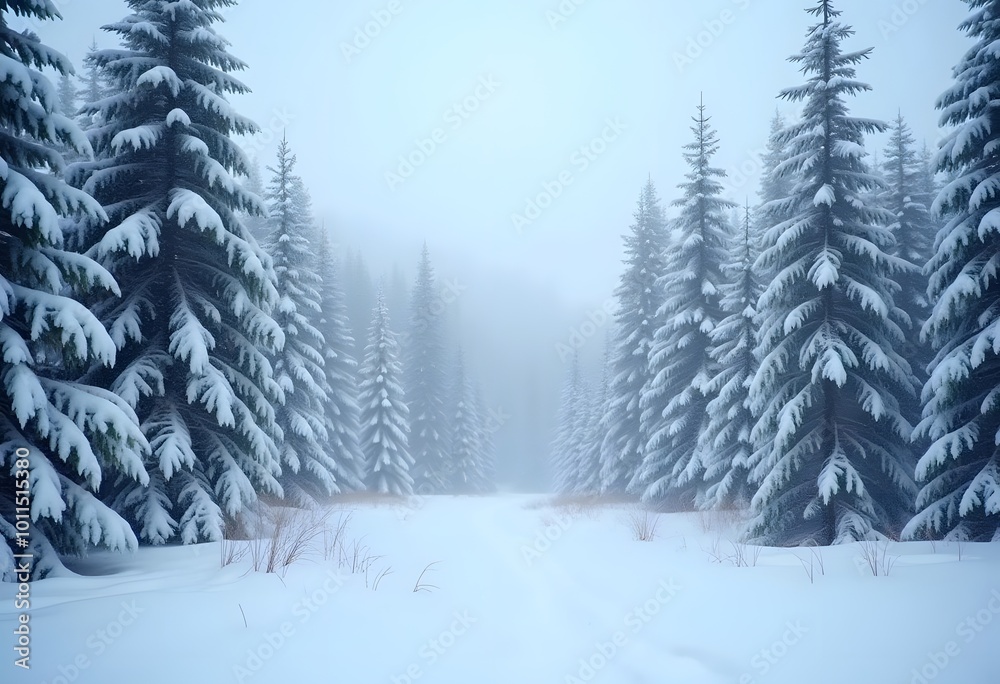 Fototapeta premium Beautiful winter landscape with snow covered trees in fog