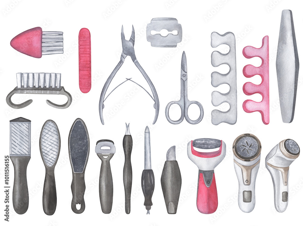 Set of pedicure tools. Watercolor illustration clipart isolated on white background. Set of pedicure tools. Watercolor illustration clipart isolated on white background.