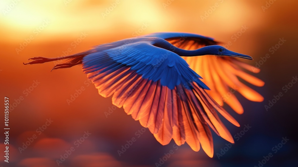 Obraz premium Close-up of a bird in flight, with detailed feathers and motion blur against a sunset backdrop