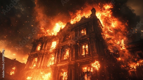 Close-up of a building engulfed in flames, with intense fire and smoke rising against a darkened sky