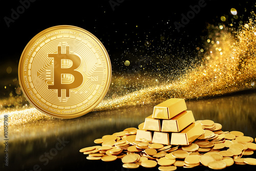 Canvas Print Bitcoin decentralized symbol Dancing in Gold Showering Waters with gold bars sta