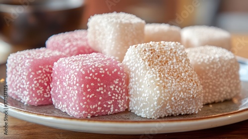 Closeup of pink and white square candies with sprinkles on a plate.