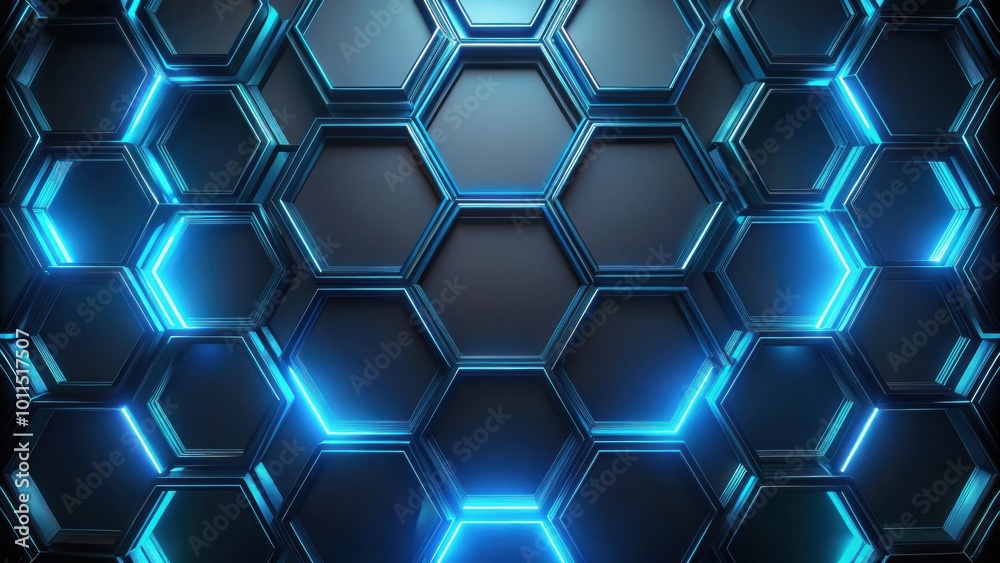 Abstract Metallic Hexagon Grid with Bright Blue Glowing Lines Abstract Metallic Hexagon Grid with Bright Blue Glowing Lines
