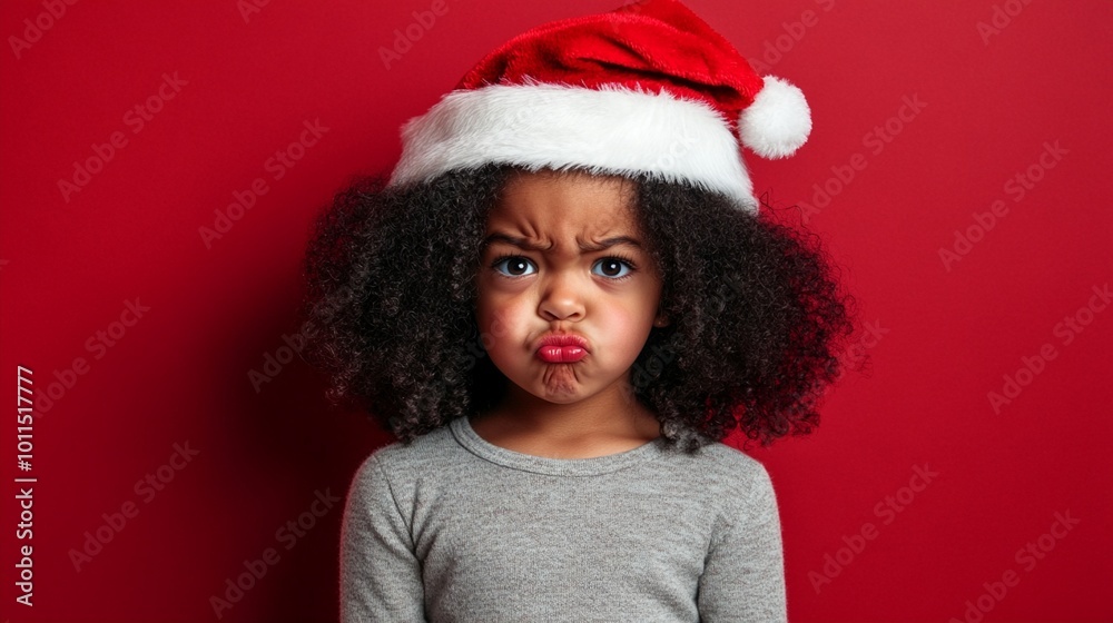 Adorable young child with curly hair wearing a Santa hat pouts with a grumpy expression against a vibrant red background, capturing holiday frustration. Adorable young child with curly hair wearing a Santa hat pouts with a grumpy expression against a vibrant red background, capturing holiday frustration.