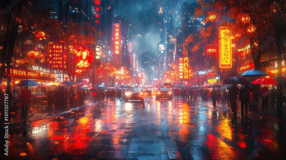 Fototapeta premium A vibrant and busy urban street at night, neon signs 