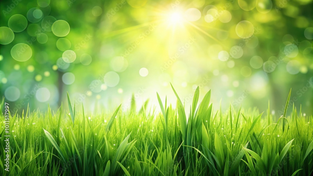 Fresh Green Grass Blades Bathed in Sunlight with a Blurred Background of Lush Foliage and Bokeh Effects Fresh Green Grass Blades Bathed in Sunlight with a Blurred Background of Lush Foliage and Bokeh Effects