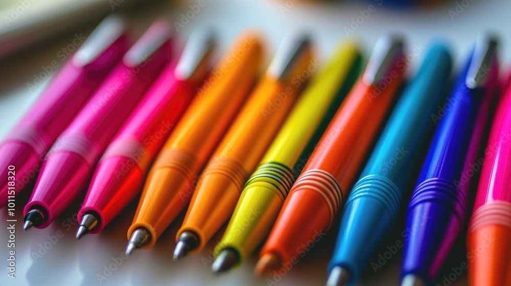 Close-up of a collection of vibrant colored pens neatly arranged on a desk, with a focus on their bright hues and design Close-up of a collection of vibrant colored pens neatly arranged on a desk, with a focus on their bright hues and design
