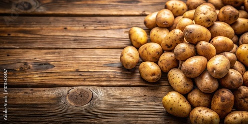 A group of raw potatoes arranged on a rustic wooden surface, showcasing their earthy tones and natural textures.