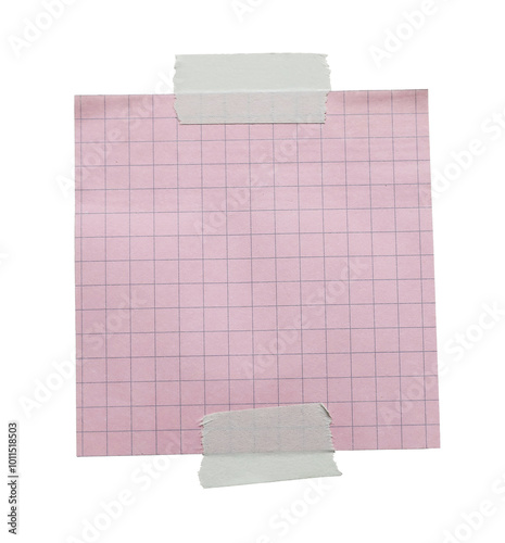 Empty note paper mockup. Message reminder card template isolated on transparent background. Checkered pink paper texture. Grunge ripped adhesive washi tape. Business office stationery object