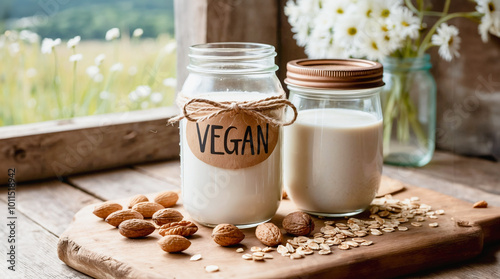 Vegan plant milk in glass bottle on wooden rustic table with flowers, almonds and nuts. Plant based, lactose free, oat or almond milk in jars