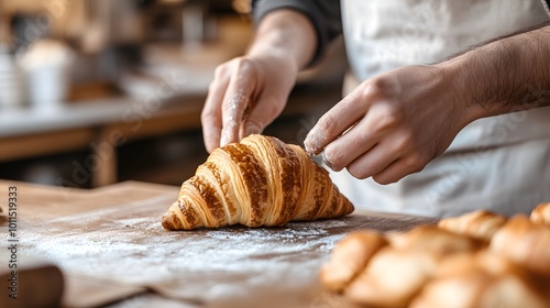 Freshly Baked Croissants with Baker s Hands and Flour Dust photo