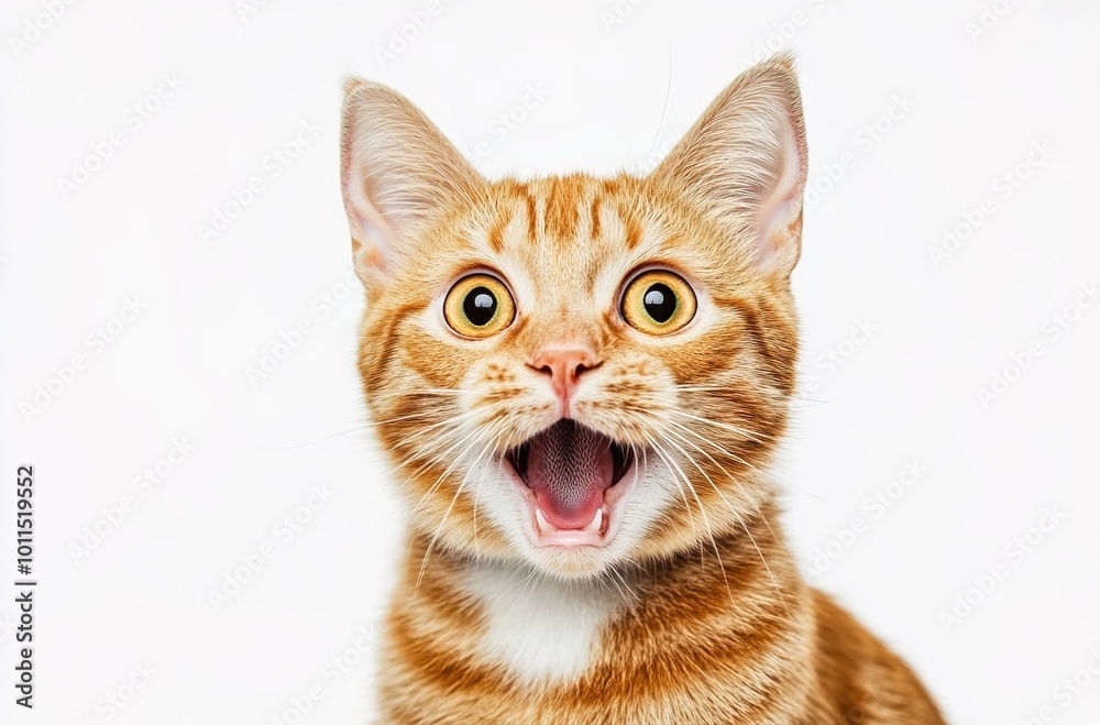 A ginger cat with an open mouth and surprised expression, solid white background A ginger cat with an open mouth and surprised expression, solid white background