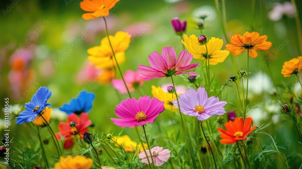 Close-up of a field of cosmos flowers in various colors, creating a lively and colorful floral scene Close-up of a field of cosmos flowers in various colors, creating a lively and colorful floral scene