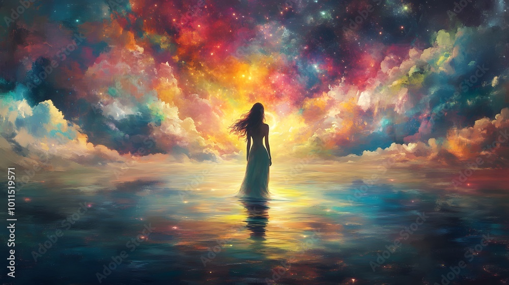 Woman Silhouette in Dreamy Celestial Landscape with Colorful Clouds and Stars Woman Silhouette in Dreamy Celestial Landscape with Colorful Clouds and Stars