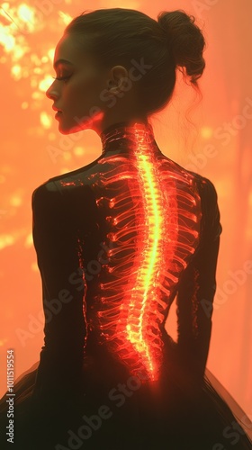 The glowing green spine of a woman in focus, with her back turned toward the camera and her lower half in a rich, glowing red photo