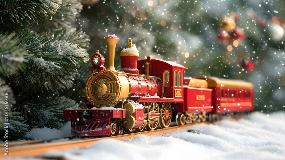 Red Toy Train on Snowy Tracks with Christmas Tree Background Red Toy Train on Snowy Tracks with Christmas Tree Background