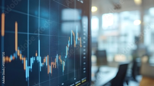 Close-up of a financial chart with upward trends and stock market data, with a blurred office background