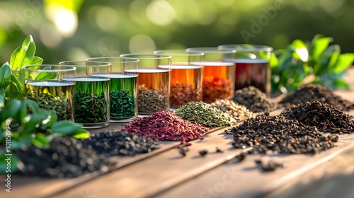 Assorted Tea Varieties in Glasses on Wooden Table with Dried Leaves