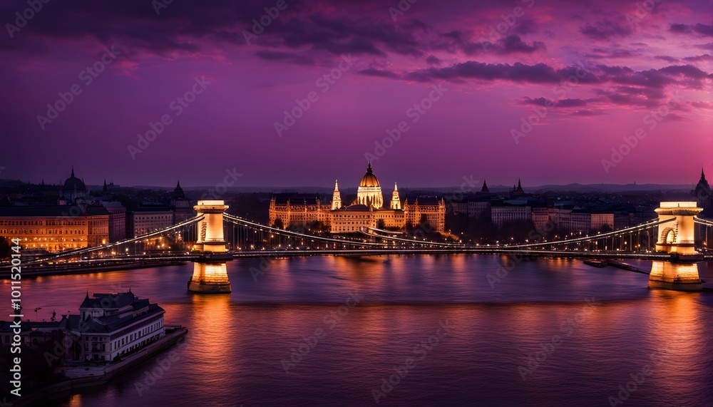 Fototapeta premium Silhouette of the Budapest skyline with the chain bridge against a glowing purple and red sunset, AI Generated