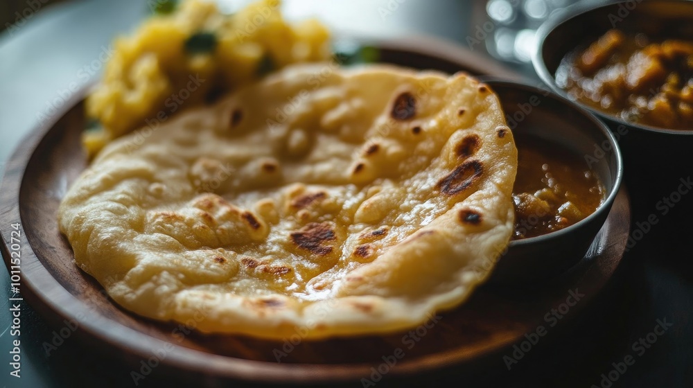 Close-up of a freshly cooked roti with a golden-brown, crispy texture, placed on a wooden plate with a side of curry Close-up of a freshly cooked roti with a golden-brown, crispy texture, placed on a wooden plate with a side of curry