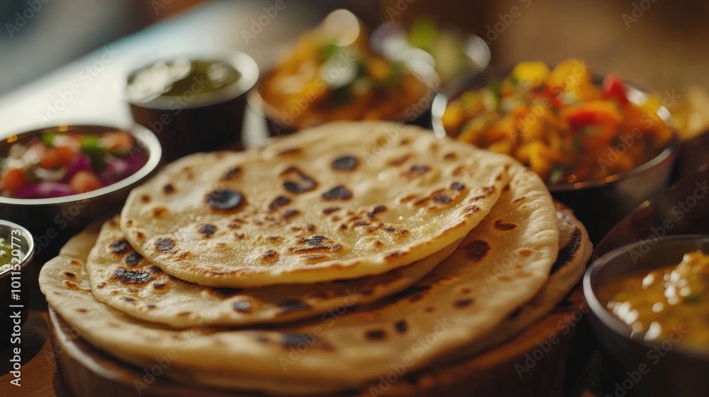 Close-up of a freshly made roti with a slightly crispy edge, accompanied by a variety of colorful side dishes and chutneys Close-up of a freshly made roti with a slightly crispy edge, accompanied by a variety of colorful side dishes and chutneys