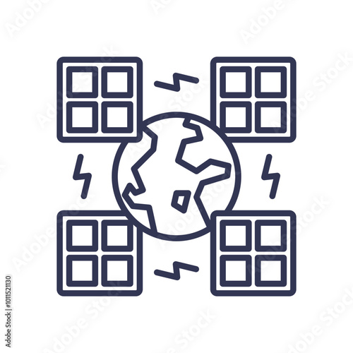 Earth surrounded by solar panels symbolizes global renewable energy impact.