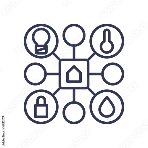 Smart home network with interconnected devices like light, thermostat, lock, and water.