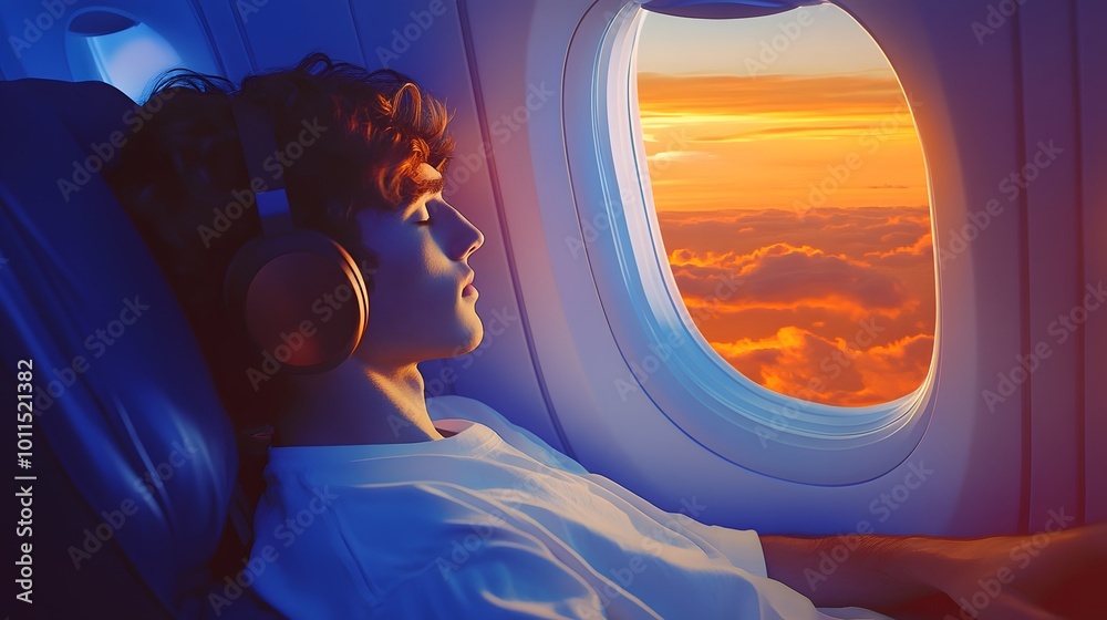 Man Sleeping on Airplane with Headphones and Sunset View Man Sleeping on Airplane with Headphones and Sunset View