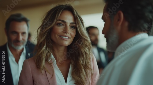 Confident woman in pink blazer engages with diverse individuals at a professional event, symbolizing connection and cultural dialogue. photo