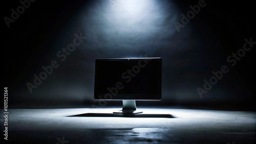 A computer monitor with a blank screen in a dark room illuminated by a spotlight.