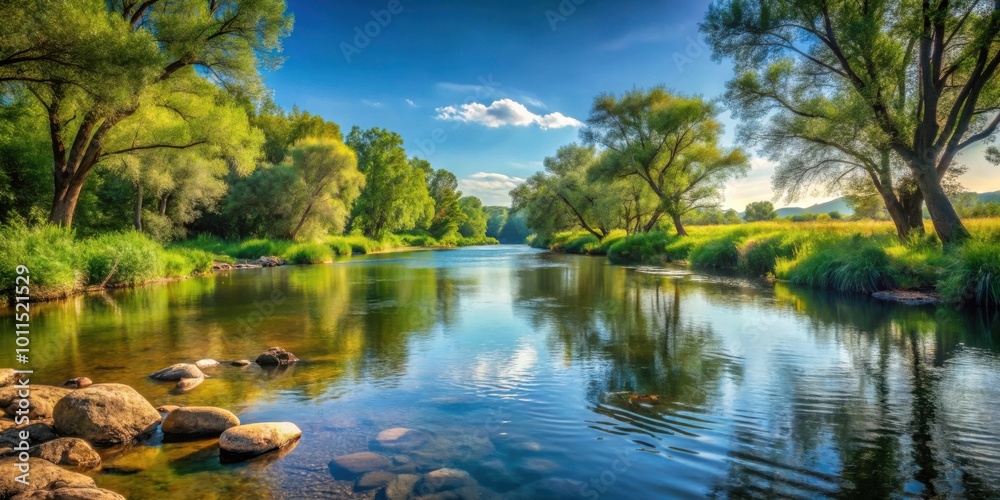 A tranquil river meanders through a lush green forest, sunlight reflecting off its surface and illuminating the surrounding foliage A tranquil river meanders through a lush green forest, sunlight reflecting off its surface and illuminating the surrounding foliage