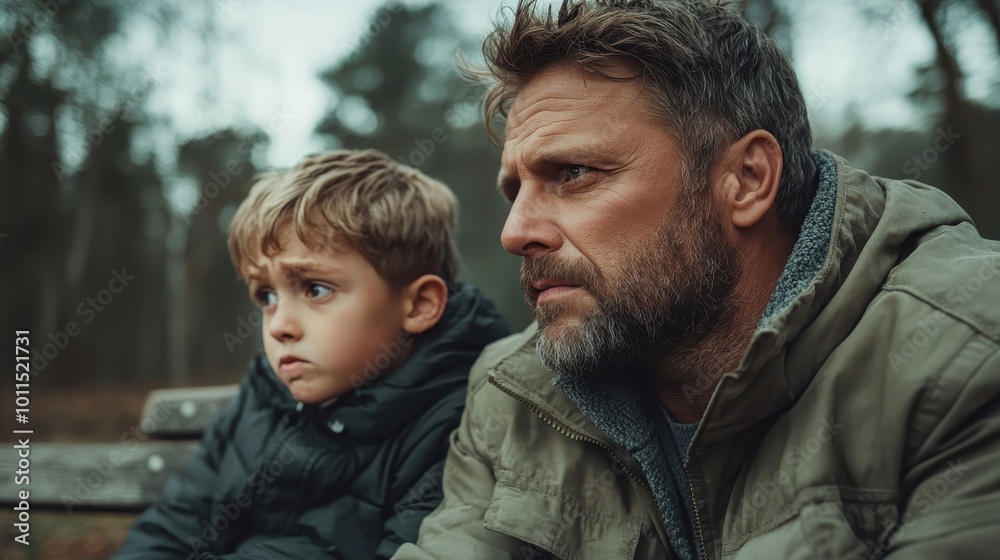 A thoughtful father and son duo sit closely on a park bench, their expressions reflecting deep contemplation and mutual understanding in a tranquil outdoor setting. A thoughtful father and son duo sit closely on a park bench, their expressions reflecting deep contemplation and mutual understanding in a tranquil outdoor setting.
