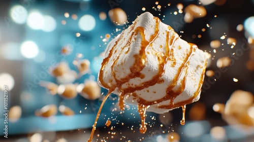 A drizzle of caramel runs over a floating marshmallow surrounded by peanuts, creating a dynamic and sweet treat with dreamy stars and bokeh effects in the background. photo