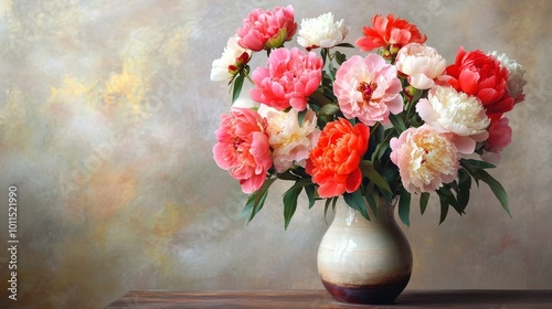 Vibrant Peonies in Minimalist Feng Shui Interior, symbolizing good fortune and elegance, enhancing tranquility and harmony in the space
