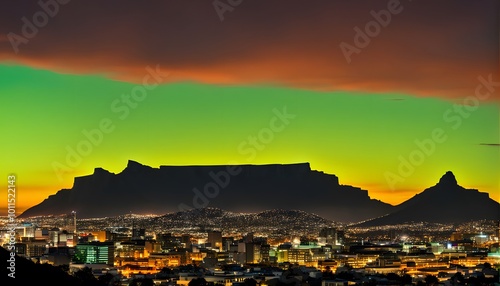 Silhouette of the cape town skyline with Table Mountain glowing under a bright green and orange sky, AI Generated