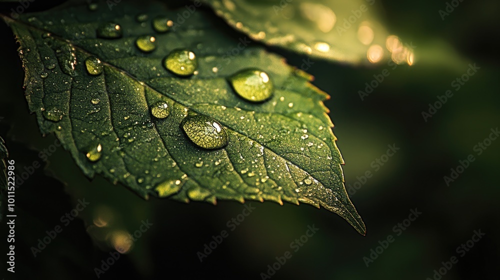 Fototapeta premium Close-up of a leaf with a collection of dew droplets on its surface, with a focus on the clarity and shape of each droplet