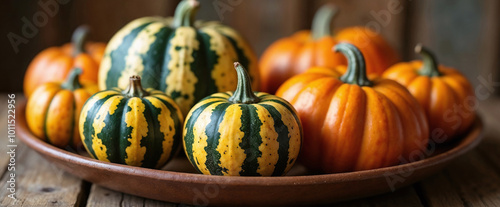 Assortment of Pumpkins on rustic ceramic platter, ready for Halloween - Perfect for Fall Decor and Harvest Themes. photo