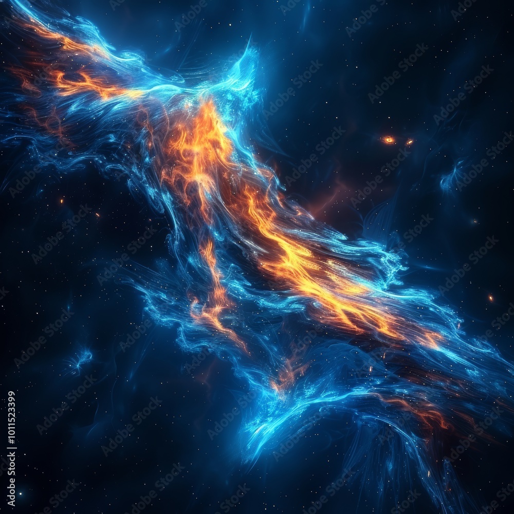 Cosmic Dance Abstract Blue and Orange Nebula Clouds, Swirling Energy and Light in Deep Space