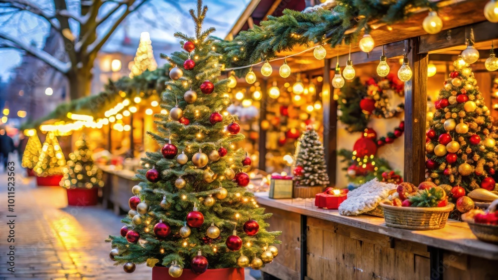 A festive Christmas tree adorned with red and gold ornaments stands proudly in a bustling market, illuminated by twinkling lights and surrounded by the warmth of the season. A festive Christmas tree adorned with red and gold ornaments stands proudly in a bustling market, illuminated by twinkling lights and surrounded by the warmth of the season.