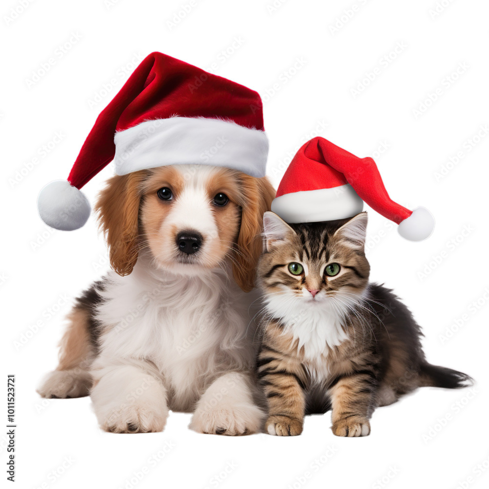 Happy Cat and Dog in Santa Hats Together on transparent background cutout, PNG file. Happy Cat and Dog in Santa Hats Together on transparent background cutout, PNG file.