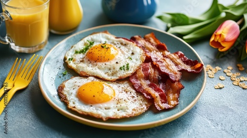 A neatly arranged plate with sunny-side-up eggs, crispy bacon, fresh juice, and blooming tulips on a table, showcasing a hearty and aesthetically pleasing breakfast setup.