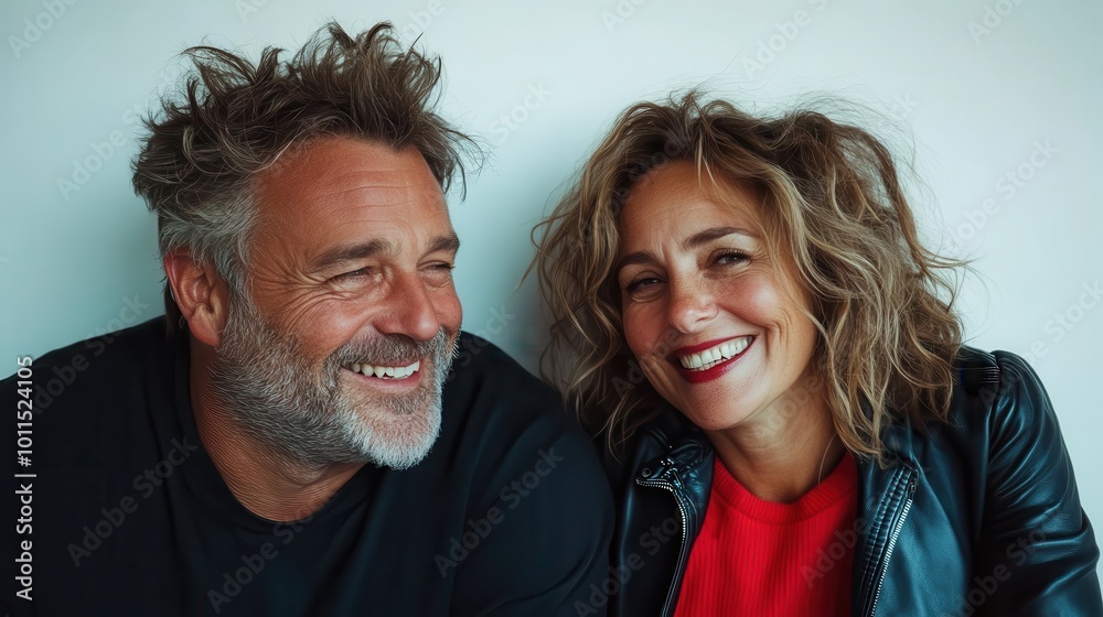 A happy couple with windswept hair shares a warm smile, radiating joy and companionship, embodying the simple pleasures of life, captured in vibrant colors. A happy couple with windswept hair shares a warm smile, radiating joy and companionship, embodying the simple pleasures of life, captured in vibrant colors.