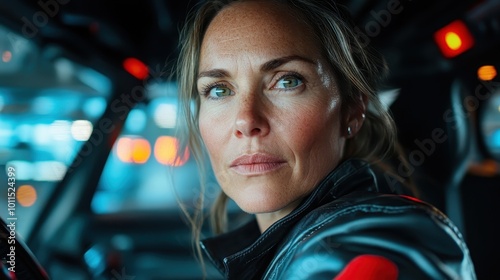 A determined woman with striking features is captured inside the interior of a vehicle, her piercing expression framed by the car’s modern design and blurred city lights. photo